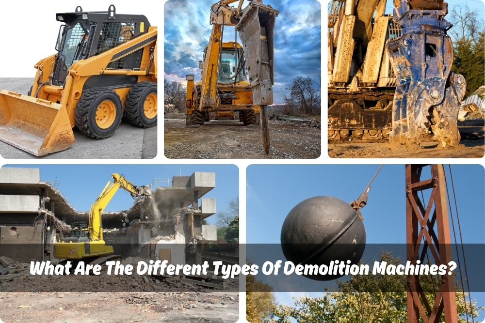 Image of various demolition machines including an excavator with a hydraulic breaker hammer attached