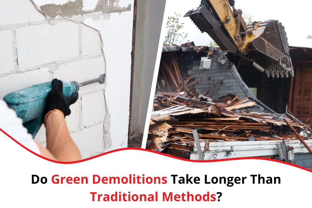 Comparison of green demolitions and traditional demolition methods. The left side of the image shows a worker using a green demolition method with a hand-held power tool, carefully chipping away at a wall. The right side displays traditional demolition with heavy machinery tearing down a building, resulting in significant debris.