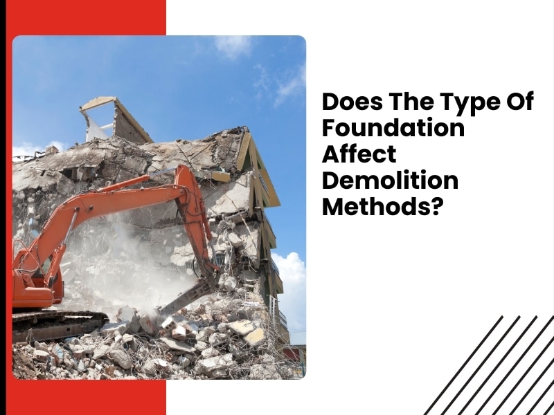 Excavator demolishing a building, illustrating the first step in foundation construction: site preparation.