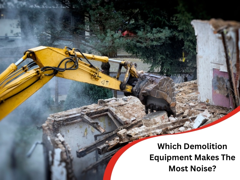 A large excavator demolishes a building, highlighting the significant demolition noise generated.