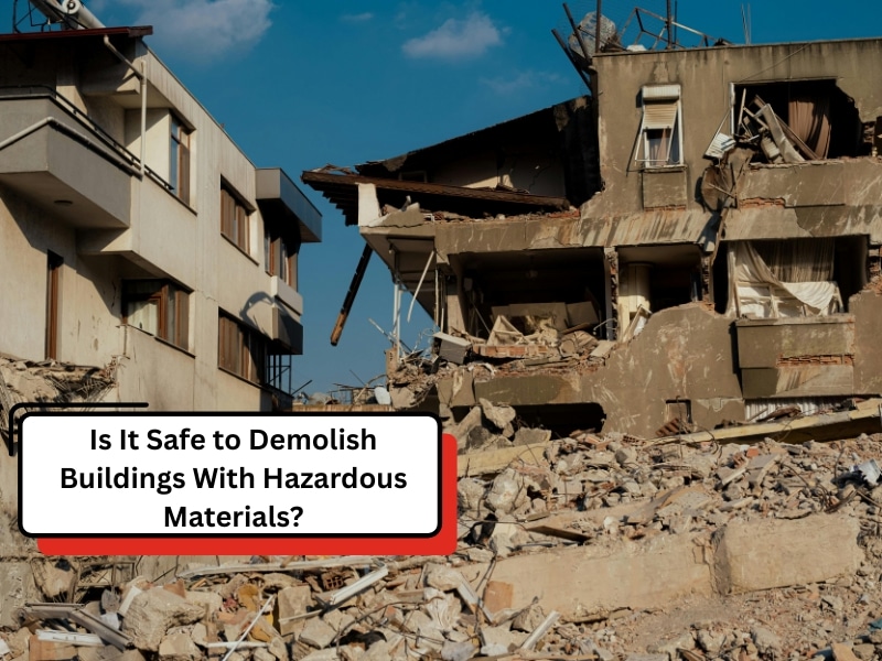 A severely damaged building sits amidst rubble, raising questions about safely demolishing structures with hazardous building materials.