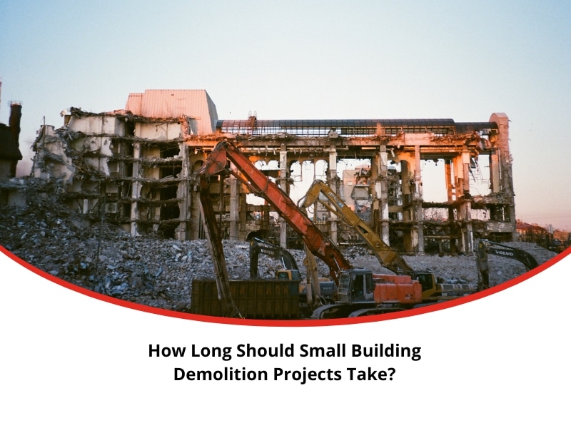 Multiple excavators tearing down a partially collapsed building at sunset, illustrating small building demolition duration concerns.