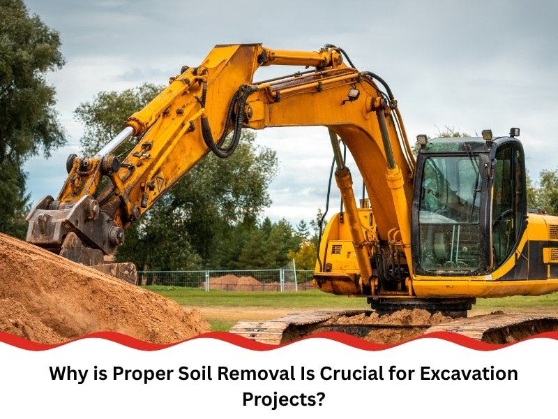 Yellow excavator lifting dirt mound during excavation soil removal at construction site.