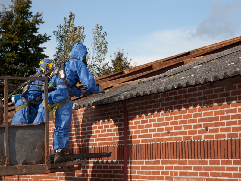 Team with Asbestos Removal Licence removing asbestos roof panels from brick building