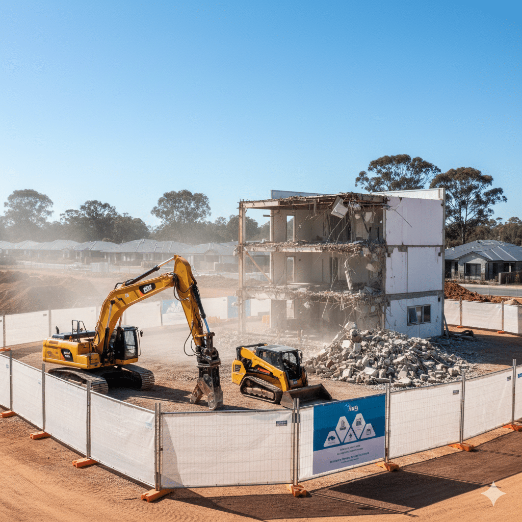 NSW demolition team preparing a property with machinery, fencing and safety controls.