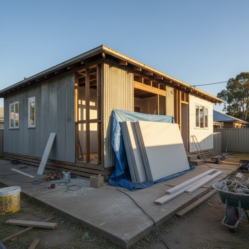 NSW renovation site with workers inspecting potential asbestos-containing materials before demolition