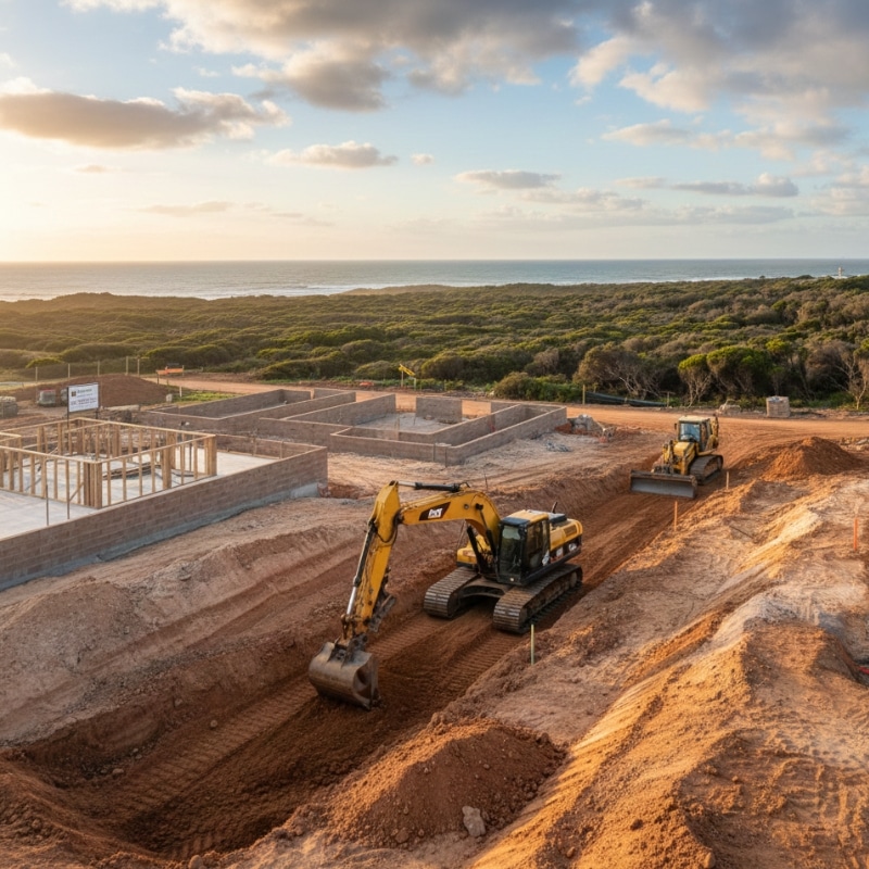 Excavation works on a sloping residential block in Newcastle showing exposed soil layers