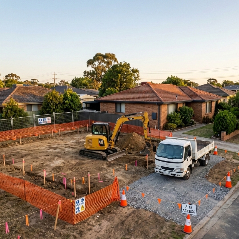 Earthmoving site preparation in NSW with marked access path, survey pegs, and machinery ready to start