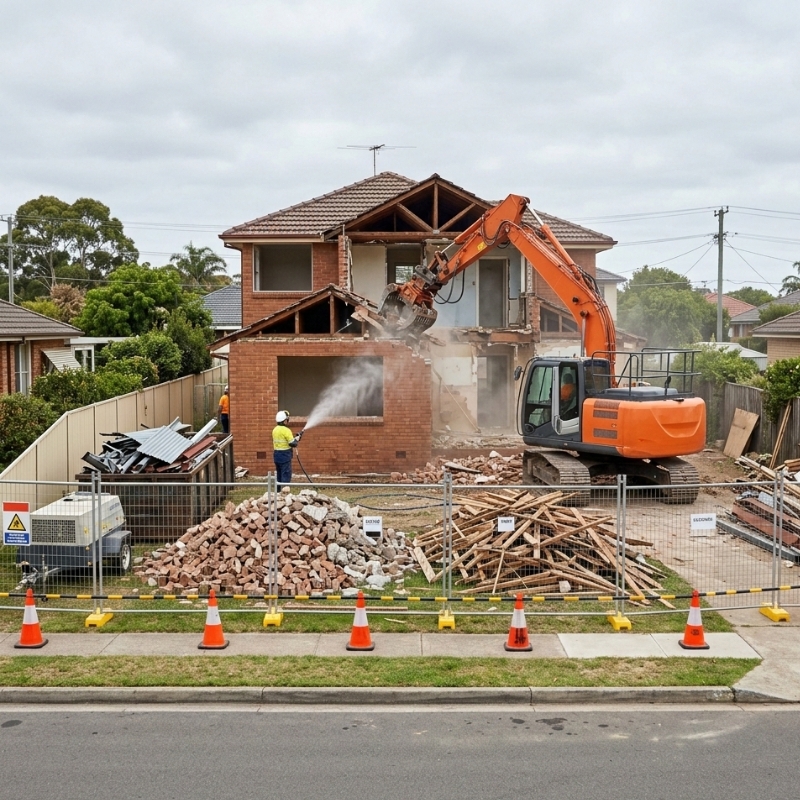 Residential demolition site in NSW with safe fencing, excavator, and controlled debris separation